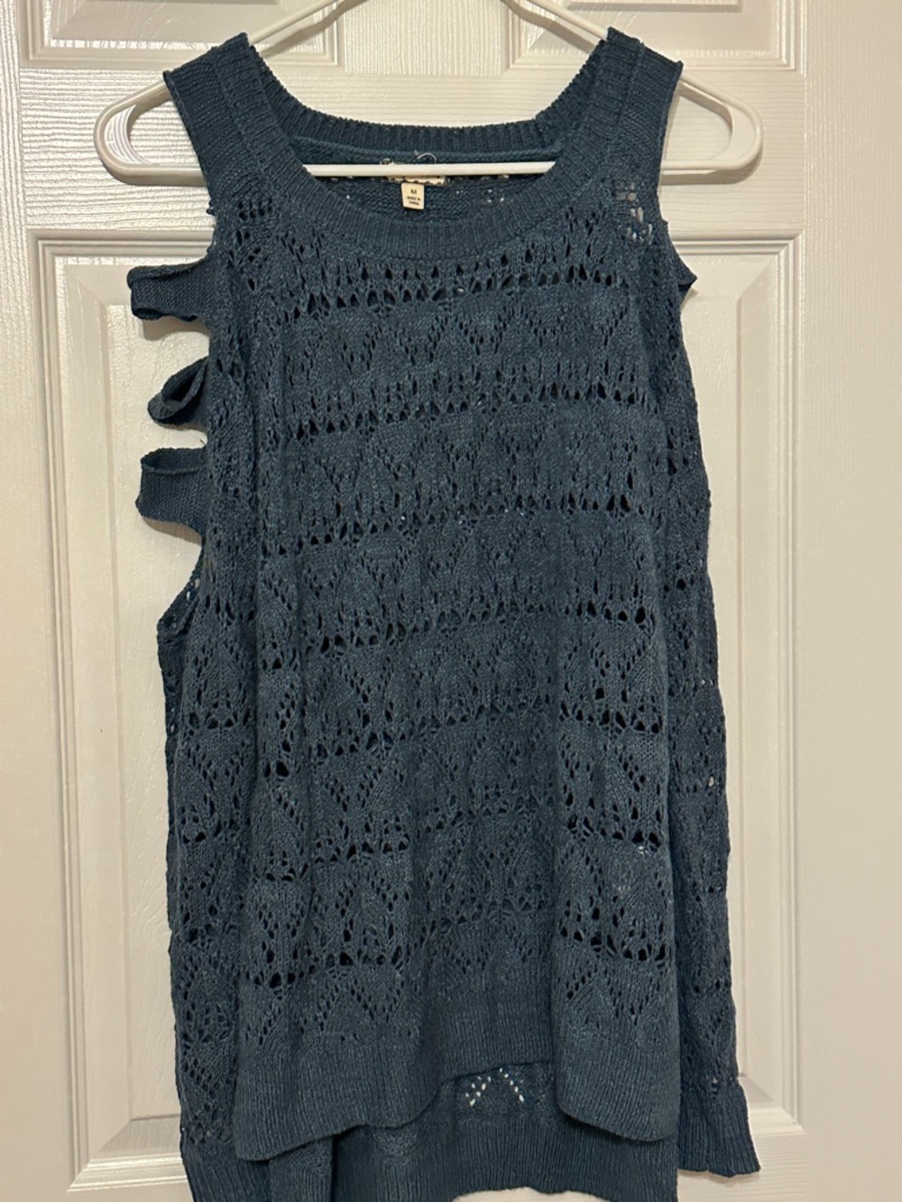 Eyeshadow Open-Knit Long Sleeve Top in Teal Blue